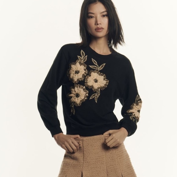 NWT new XL can fit large Anthropologie floral appliqué sweatshirt black sweater - Picture 11 of 15